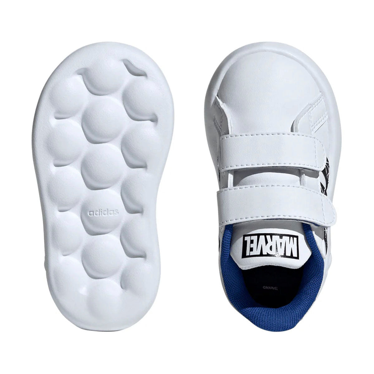 TENIS ADIDAS GRAND COURT SPIDER MAN INFANTIL COLOR BLANCO NEGRO AZUL