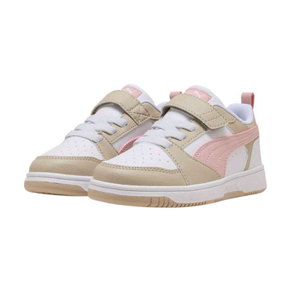 TENIS PUMA REBOUND V6 LO PARA NIÑA COLOR BLANCO BEIGE ROSA
